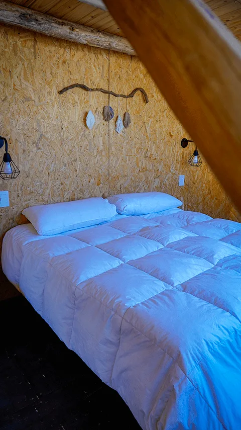 Interior del domo con cama doble y ambiente de madera